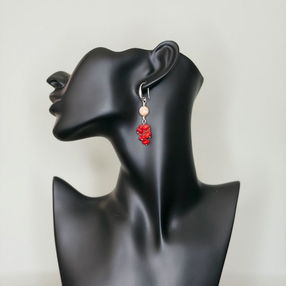 Handmade Mother of Pearl with Red Coral Bead Dangle Earrings - Women Jewelry